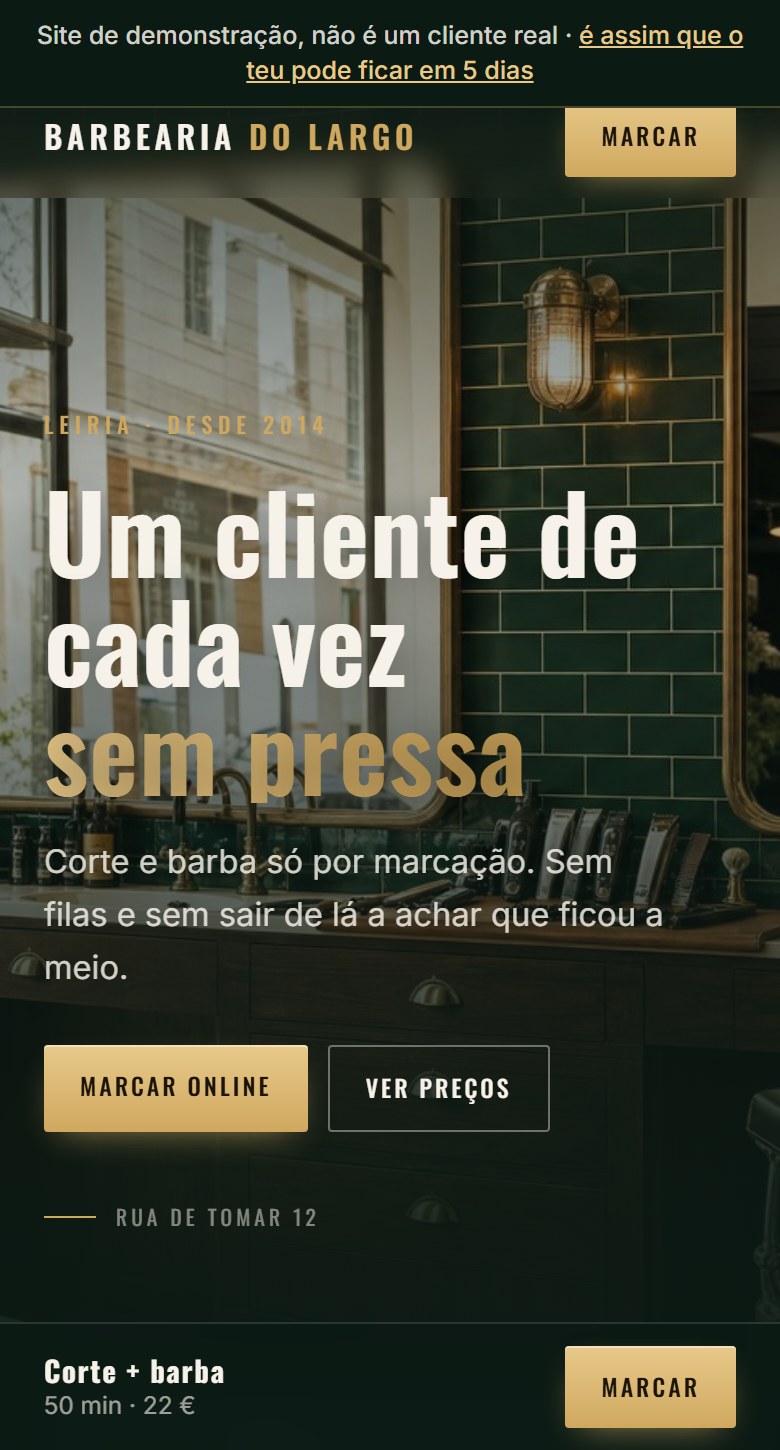 Exemplo de site de barbearia feito por Rúben Frazão, a funcionar no telemóvel